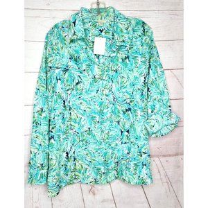 Appleseeds Petites PXL Floral Button Cuff Green Women Full Button Shirt